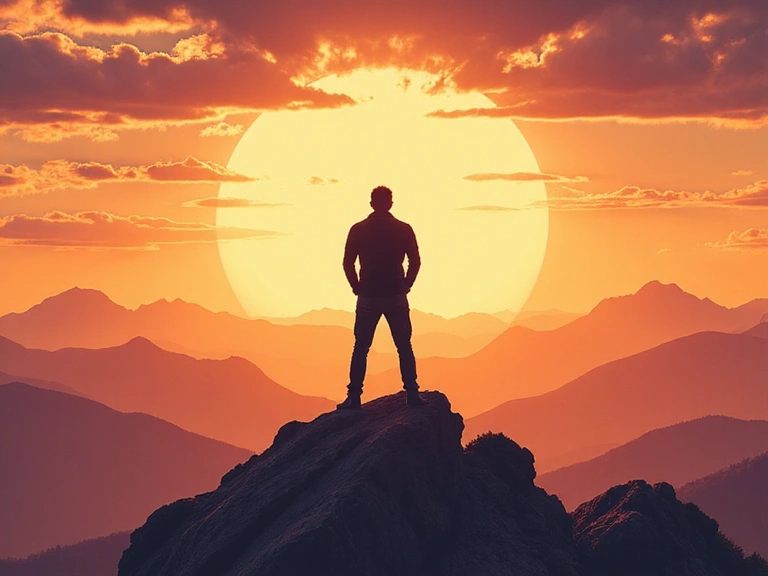 A detailed illustration of a man standing confidently on a mountain peak at sunrise, symbolizing vitality and peak performance, with a subtle glow around him.