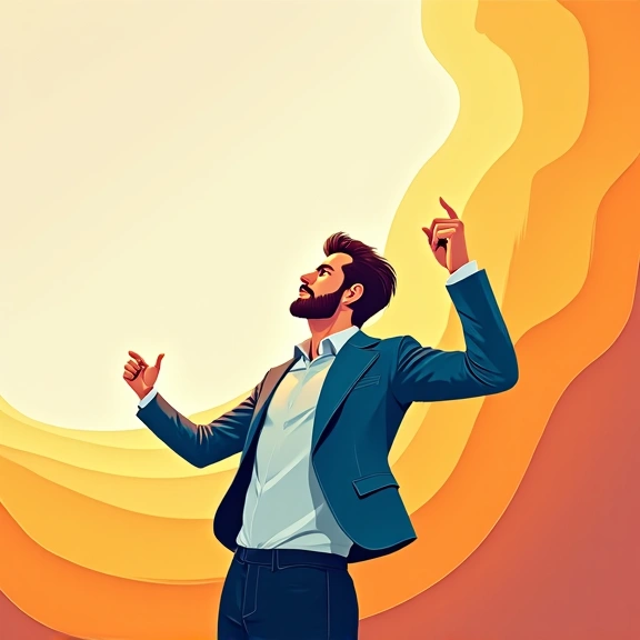 A stylized, abstract illustration of a male figure reaching confidently towards the sky, with vibrant, flowing lines representing energy and vitality. The background is a soft, uplifting gradient.