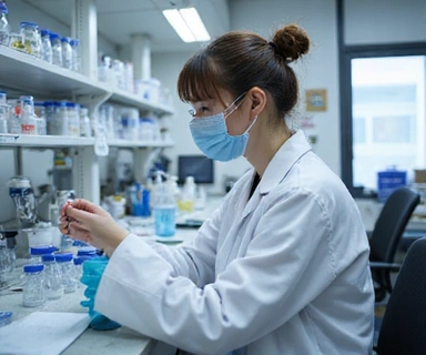 A sterile, modern laboratory setting with scientific equipment and a researcher in a lab coat performing tests on samples. Focus on precision and cleanliness.