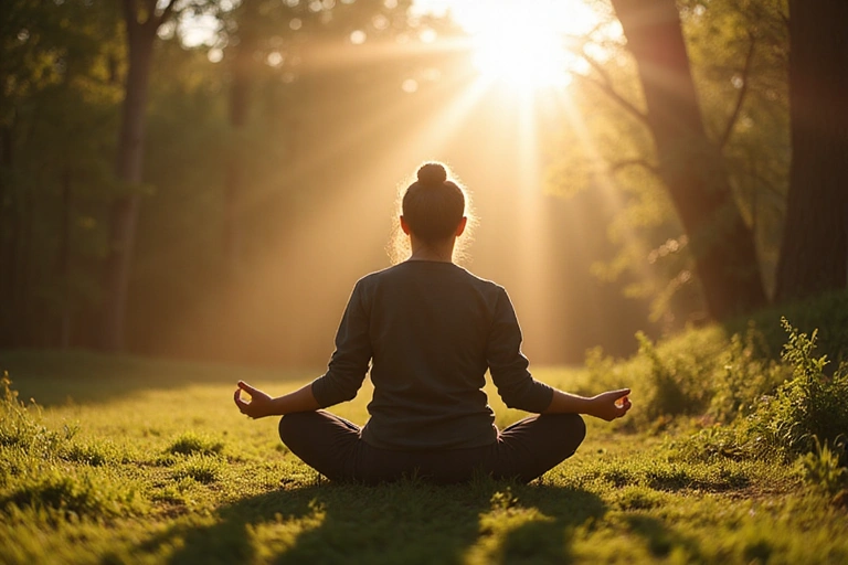 A person meditating peacefully in a serene natural setting, surrounded by soft light, symbolizing wellness and inner peace.