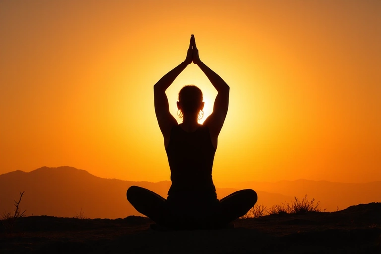 A person practicing yoga at sunrise, signifying flexibility and mental clarity.