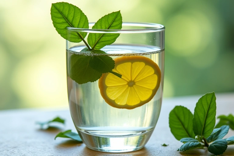 A close-up of a glass of water with lemon and green leaves, symbolizing hydration and detoxification.
