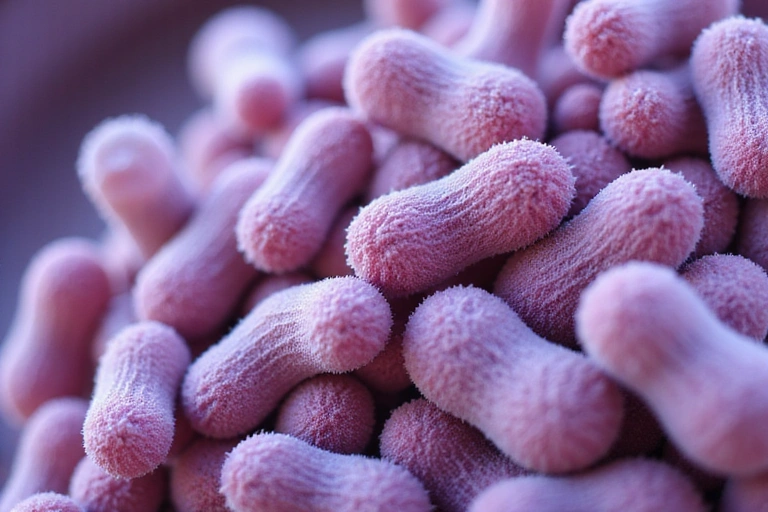 A close-up of healthy gut bacteria under a microscope, representing digestive health.