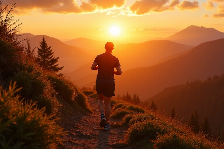 A person running on a scenic trail at sunrise, symbolizing sustained energy and fitness.