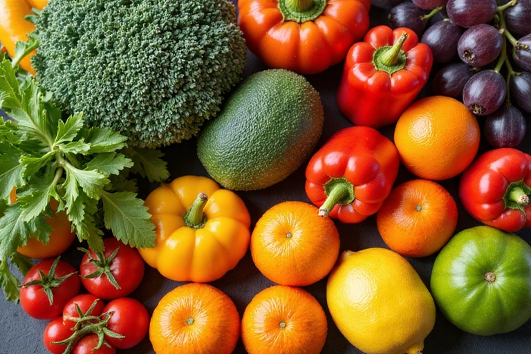 A vibrant array of fresh fruits and vegetables, emphasizing the importance of a balanced diet for nutrition.