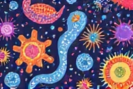 Illustration of a stylized gut microbiome with friendly bacteria